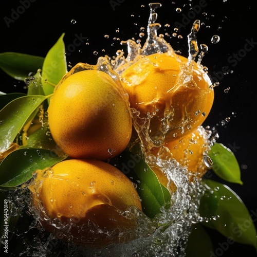 Fresh lemons splashing in water, showcasing vibrant yellow color and lush green leaves, perfect for culinary and beverage photography. photo