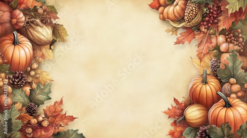 Festive Thanksgiving Border with Pumpkins, Leaves, and Cornucopia - Traditional Harvest Season Decor