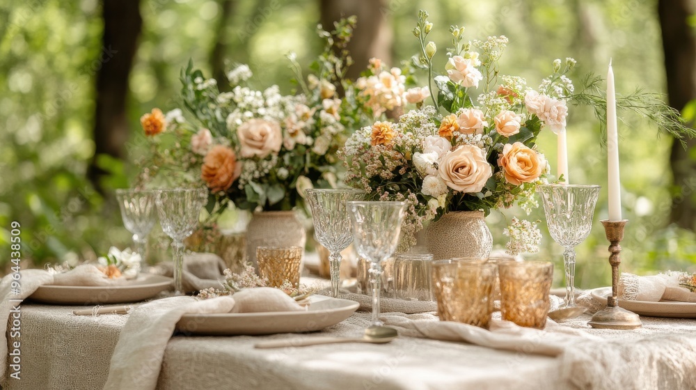 Elegant Outdoor Wedding Reception Setting with Fresh Flower Centerpiece Elegant Outdoor Wedding Reception Setting with Fresh Flower Centerpiece