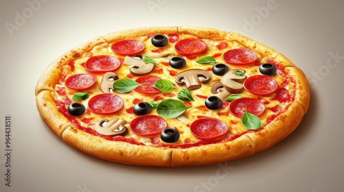 Pizza icon with a variety of toppings including pepperoni, olives, and mushrooms, presented in a clean design.