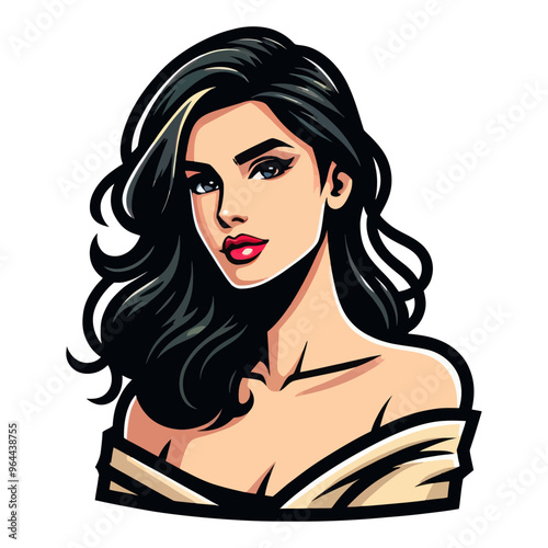 Vector illustration of a glamorous woman with long black hair, red lipstick, and an elegant off-shoulder outfit.