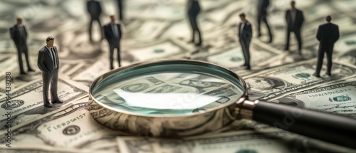 Business Investigation: Tiny Figures on Dollar Bills Under Magnifying Glass