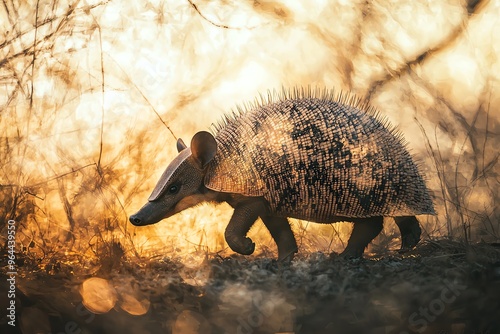 Armadillo walking close up, focus on, copy space dry ground, Double exposure silhouette with textured shell photo