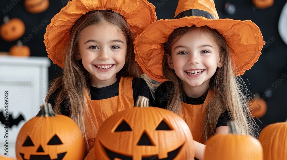 Two smiling girls in witch hats pose with carved pumpkins for Halloween, showcasing festive spirit and joy. Two smiling girls in witch hats pose with carved pumpkins for Halloween, showcasing festive spirit and joy.
