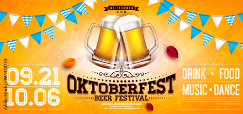 Oktoberfest Party Banner Illustration with Fresh Lager Beer and Blue and White Bavaria Party Flag on Yellow Background. Vector Celebration Flyer Template for Traditional German Beer Festival.