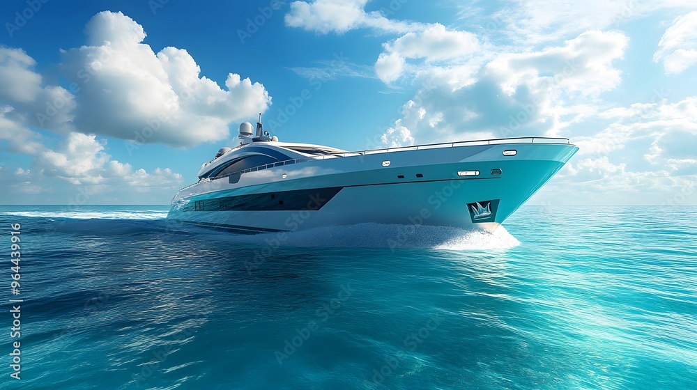 A sleek, modern yacht gliding through clear blue waters under a bright sky. Gentle waves ripple behind the yacht as it cuts through the ocean. A sleek, modern yacht gliding through clear blue waters under a bright sky. Gentle waves ripple behind the yacht as it cuts through the ocean.