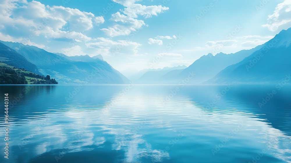 Calm Blue Lake Surrounded by Misty Mountains Calm Blue Lake Surrounded by Misty Mountains