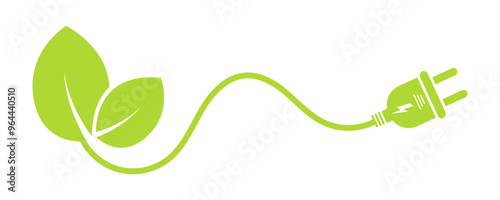 Cable and leaf vector icon. Electric cable with green leaf. Save ecology. Renewable energy. 