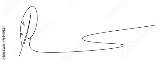 One continuous hand drawn bird feather on white background. Writes letter. Vector 10 EPS.