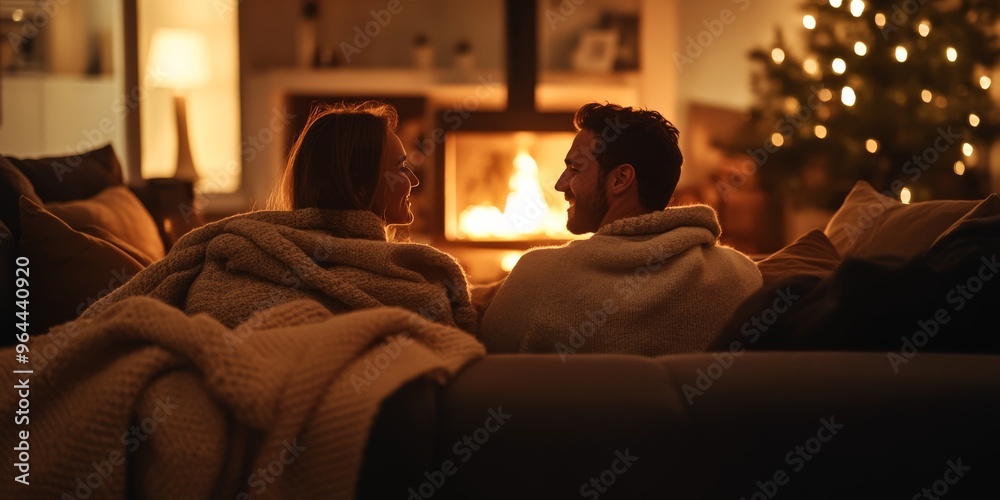 Couple relaxing by the fireplace, wrapped in blankets, enjoying a cozy evening together. Couple relaxing by the fireplace, wrapped in blankets, enjoying a cozy evening together.
