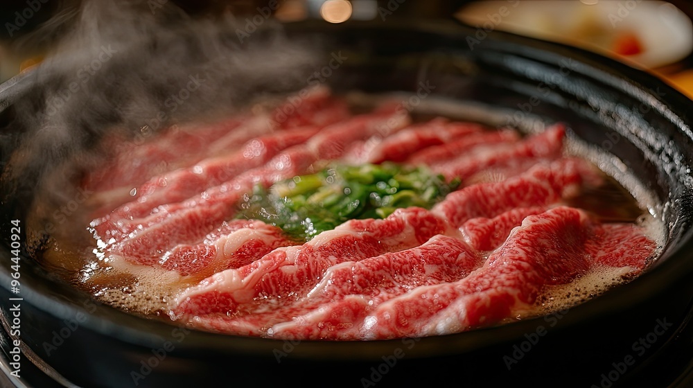 Wagyu beef shabu-shabu, with thin slices ready to be dipped into a hot broth Wagyu beef shabu-shabu, with thin slices ready to be dipped into a hot broth