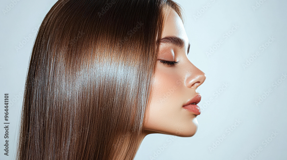 Naklejka premium A woman with long hair is sitting with her head tilted back
