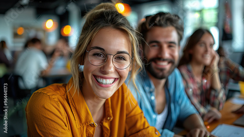 A cheerful woman wearing glasses smiles brightly during a casual meeting with friends or colleagues in a relaxed, modern workspace. 