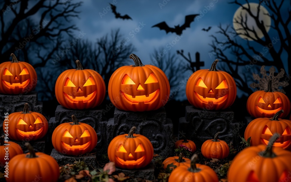 A spooky Halloween scene with glowing jack-o'-lanterns in a graveyard under a full moon. Perfect for your next Halloween project.
A spooky Halloween scene with glowing jack-o'-lanterns in a graveyard under a full moon. Perfect for your next Halloween project.
