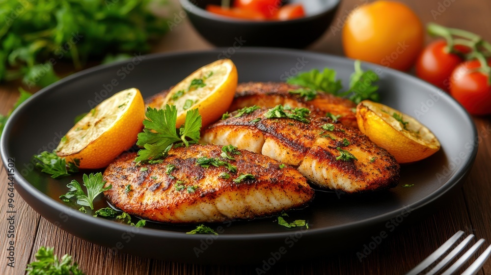 Fresh Catch Dinner: Grilled Fish with Citrus Slices and Herbs. Fresh Catch Dinner: Grilled Fish with Citrus Slices and Herbs.