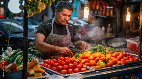 A man is cooking food in a restaurant. The food is piled high on the counter. The man is wearing a black apron