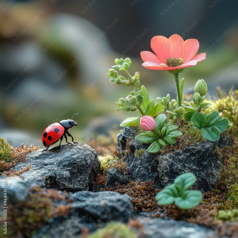Ladybug Amidst Verdant Moss and Wildflowers Ladybug Amidst Verdant Moss and Wildflowers