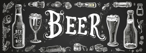 Black and white drawing of beer bottles with the word beer written in cursive letters