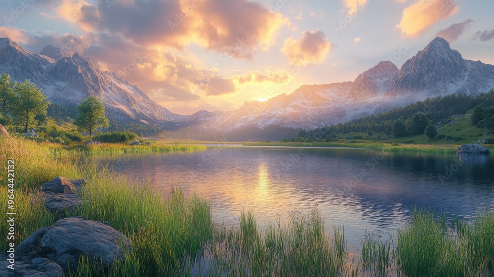 Fototapeta premium Tranquil Lake Oasis with Majestic Mountain Peaks Under a Golden Sunrise