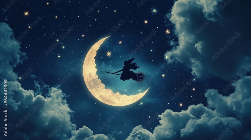  Witch's broomstick flying across the moon, with clouds and stars forming the outer edges