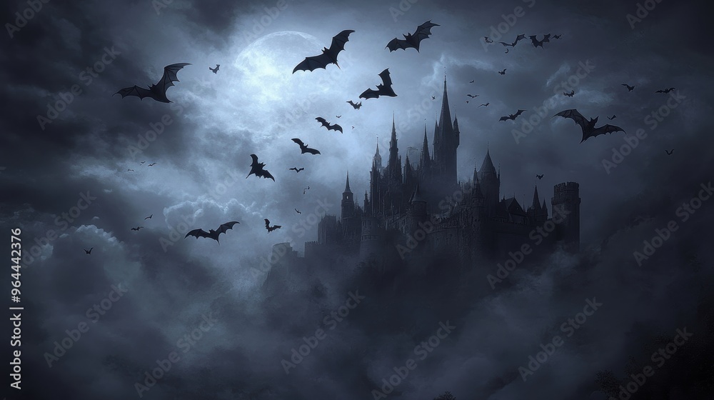 Nightmarish Scene of Vampire Bats Swarming a Haunted Castle Under Moonlit Sky with Dark Clouds - Spooky Halloween Image Nightmarish Scene of Vampire Bats Swarming a Haunted Castle Under Moonlit Sky with Dark Clouds - Spooky Halloween Image