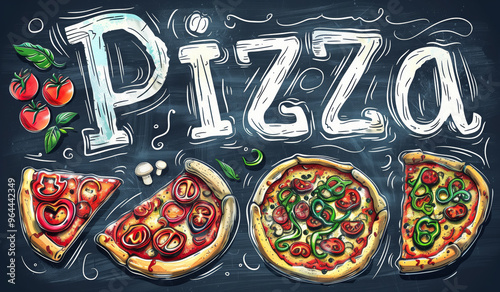 Word Pizza and pizza pieces drawn on a chalkboard background. Slices of Italian food photo