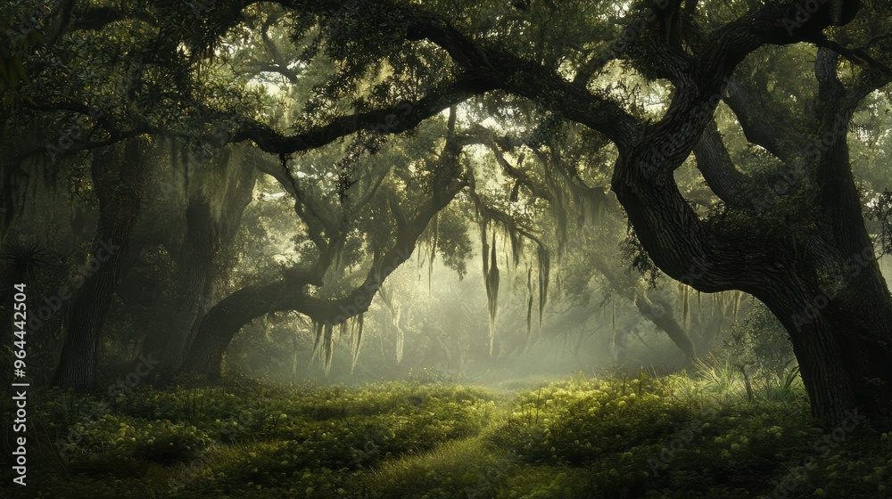 Old, twisted trees with hanging moss creating a dark, natural border Old, twisted trees with hanging moss creating a dark, natural border