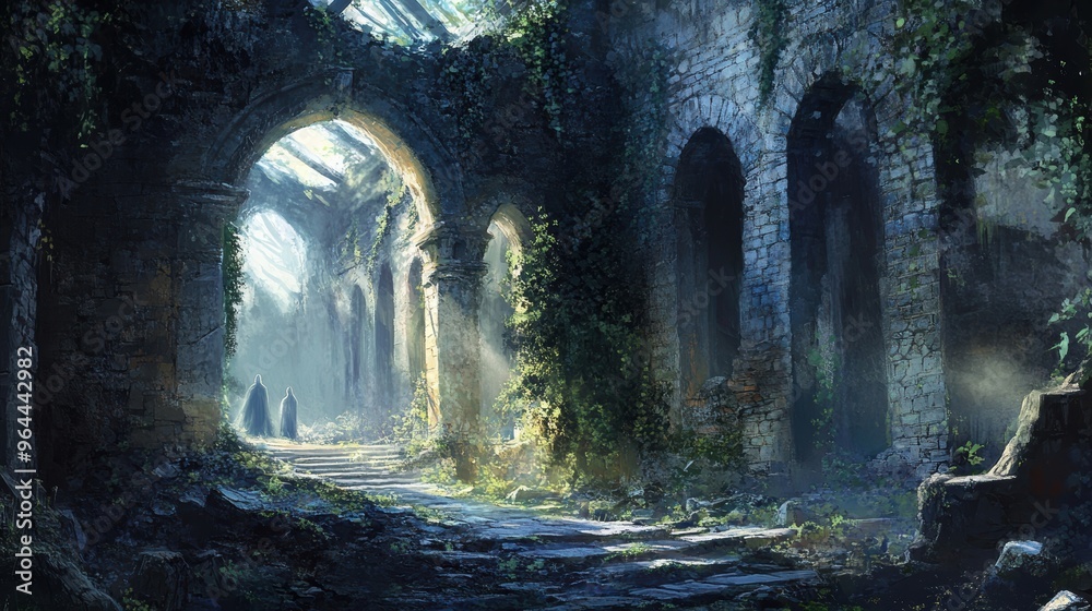 Haunting Beauty of Ancient Ruins: Ghostly Figures Among Dark Ivy and Crumbling Walls