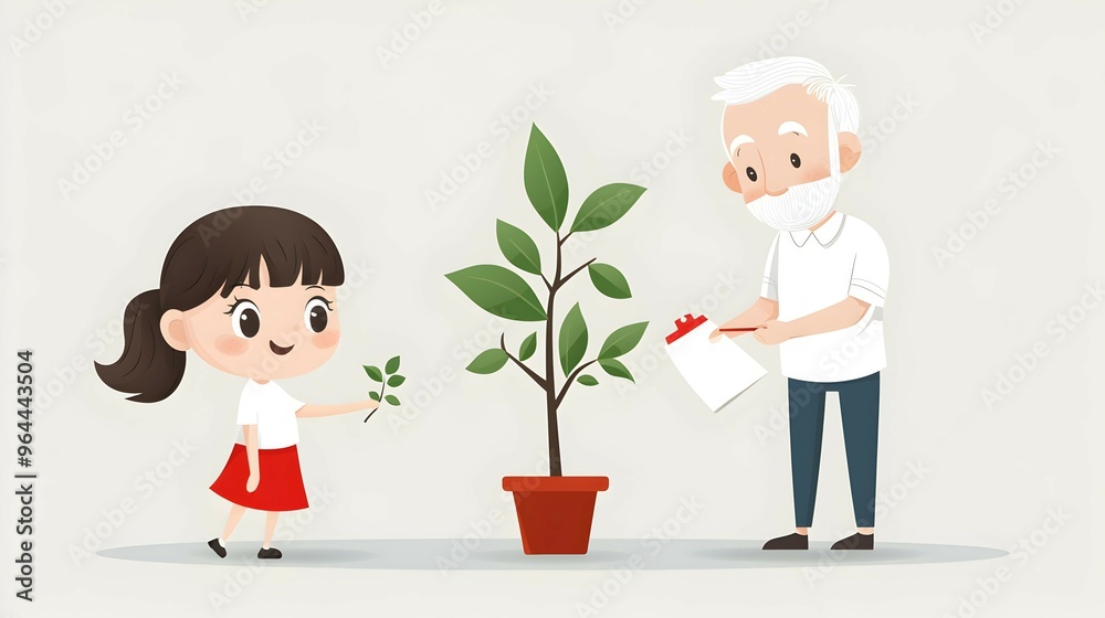 Cute Cartoon Grandfather Teaching Granddaughter About Plants Cute Cartoon Grandfather Teaching Granddaughter About Plants