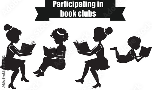 Participating in Book Clubs Flat Black Silhouette Vector Art Bundle