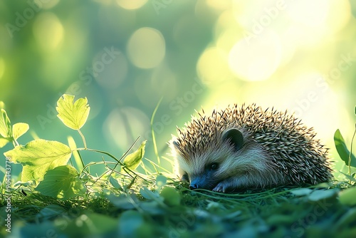 Hedgehog curled up close up, focus on, copy space soft grassy background, Double exposure silhouette with small leaves