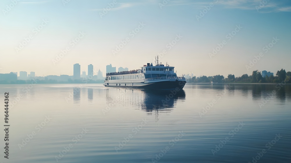 A large ferry transporting cars and passengers across a wide river, with the city skyline in the background. Calm water reflects the vessel as it moves steadily. A large ferry transporting cars and passengers across a wide river, with the city skyline in the background. Calm water reflects the vessel as it moves steadily.