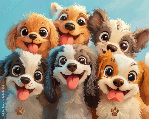 Illustration of six adorable cartoon puppies with big eyes and happy expressions, each displaying unique fur patterns and colors. photo