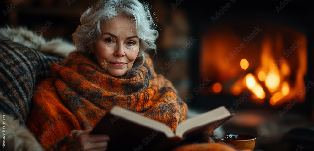 An elderly woman reading a book by the fireplace, wrapped in a warm blanket, with a cup of tea next to her. An elderly woman reading a book by the fireplace, wrapped in a warm blanket, with a cup of tea next to her.