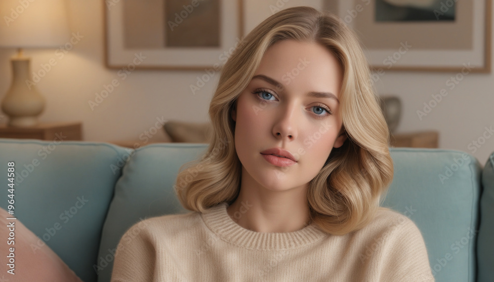 Elegant Young Woman with Blonde Hair and Blue Eyes in Cozy Living Room Setting Elegant Young Woman with Blonde Hair and Blue Eyes in Cozy Living Room Setting