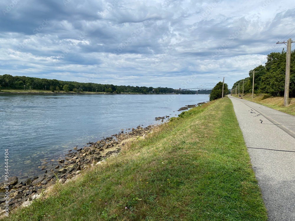 Fototapeta premium View point form bike trail alongside the Cape Cod canal with bridge in background.