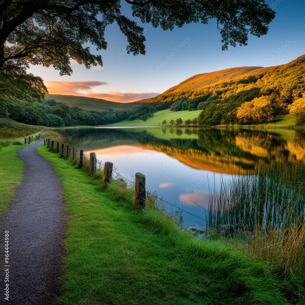Tranquil Lake Landscape with Winding Trail and Greenery Tranquil Lake Landscape with Winding Trail and Greenery