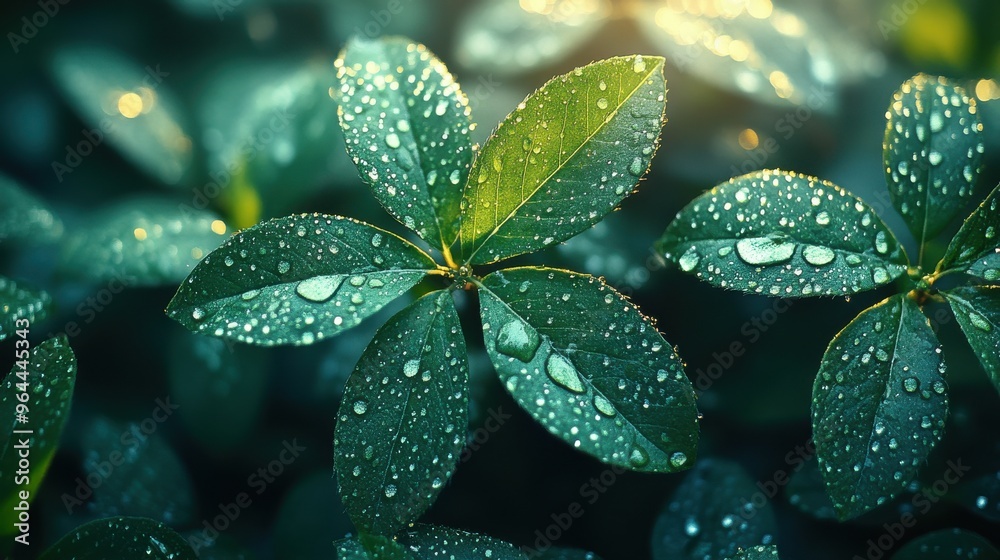 Vibrant Green Scene with Droplets and Small Plants on a Fresh Background.