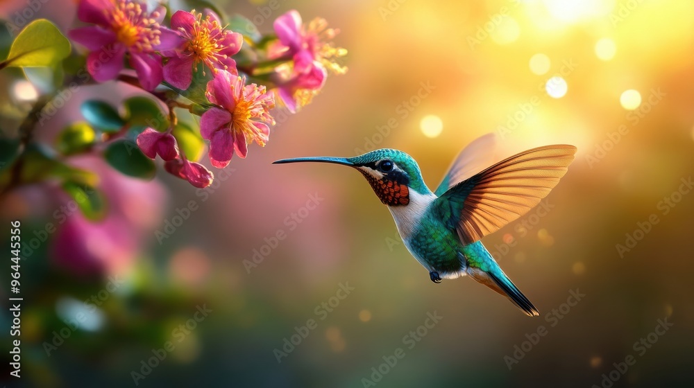 Naklejka premium Vibrant Hummingbird in Flight over Pink Garden Blooms with Soft Natural Lighting.