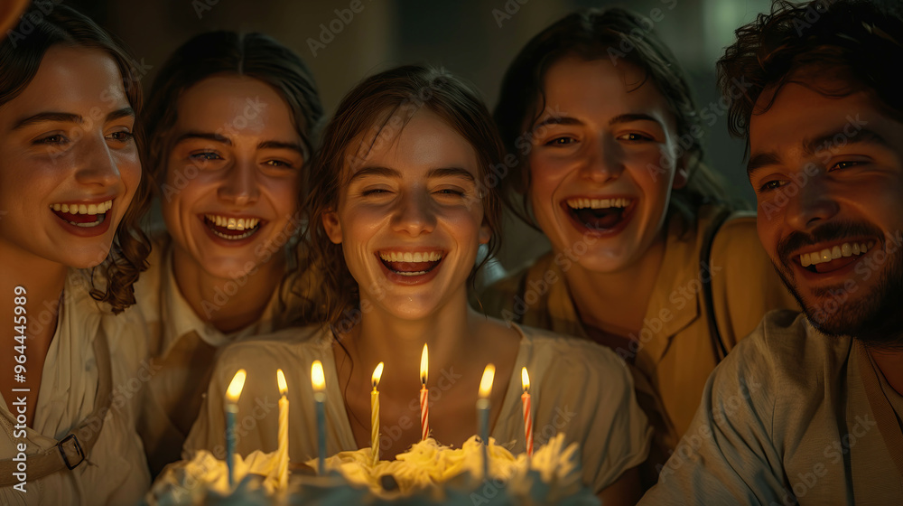 A joyful group of friends gather around a birthday cake with lit candles, celebrating and smiling in a warm, cozy setting.
A joyful group of friends gather around a birthday cake with lit candles, celebrating and smiling in a warm, cozy setting.