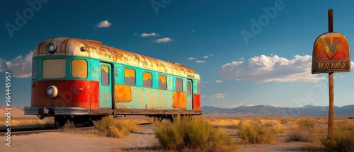 Vintage Bus on Desert Road: Classic American Road Trip Vibe photo