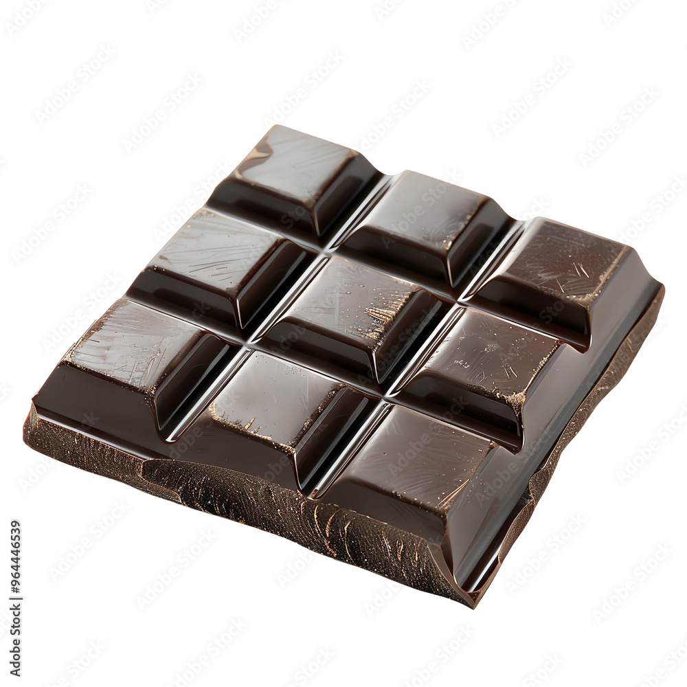 Close-up image of a delicious dark chocolate bar with nine square pieces, isolated on a white background, ready to be enjoyed. Close-up image of a delicious dark chocolate bar with nine square pieces, isolated on a white background, ready to be enjoyed.