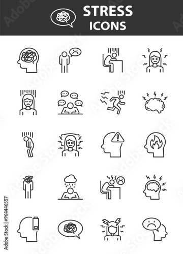 set of stress icons, anxiety, tired, worry, 