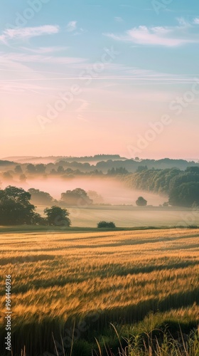 Wallpaper Mural misty morning in a rural landscape during golden hour, with the soft light of the sunrise illuminating the fog-covered fields, creating a peaceful and nostalgic scene, with copy space for text Torontodigital.ca