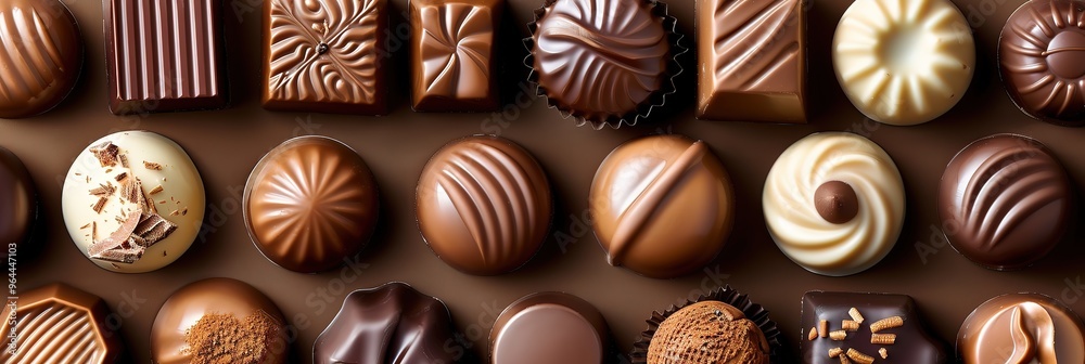 Assortment of delicious chocolate candies, perfect for a sweet treat or gift.  A variety of shapes, sizes, and flavors.