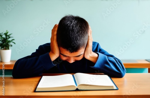 Tired schoolboy sitting at a table with textbooks, notebooks, holding his head, experiencing difficulties with studying