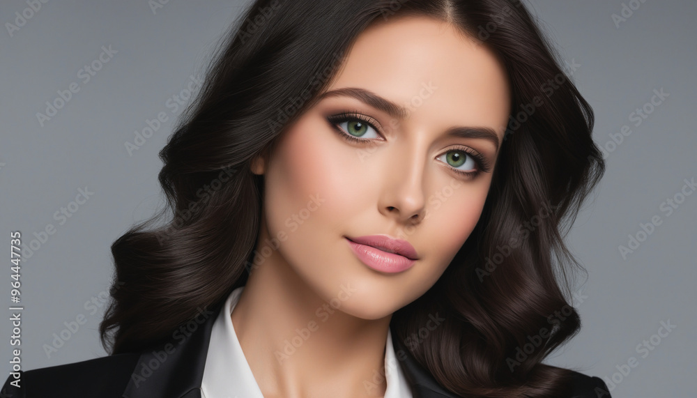 Elegant Portrait of a Young Woman with Sultry Green Eyes and Wavy Dark Hair Elegant Portrait of a Young Woman with Sultry Green Eyes and Wavy Dark Hair