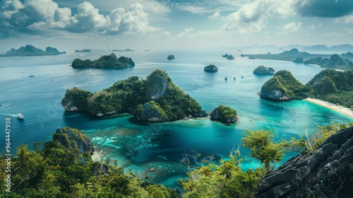 Distant Archipelago A serene view of a remote group of islands surrounded by turquoise waters