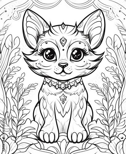 Cute fantasy cat illustration with ornate decorations and intricate patterns, designed as a black and white coloring page for children or adults photo