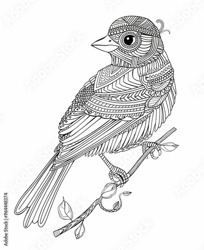 Intricate bird illustration with abstract patterns for adult coloring book
